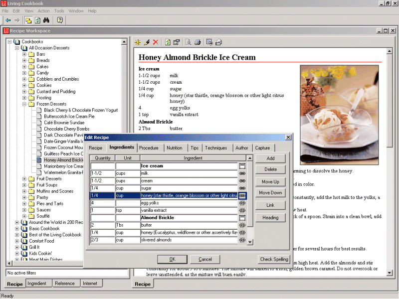 Living Cookbook is a recipe management database. Manage your recipes, perform nutritional analysis, capture recipes from the Internet, and more. Comes with 330 free recipes.Living Cookbook Living Cookbook is a recipe management database. Manage your recipes, perform nutritional analysis, capture recipes from the Internet, and more. Comes with 330 free recipes. The Living Cookbook is a comprehensive and easy to use cooking and kitchen management application that will enhance your entire cooking experience. It provides you with a single resource for all of your recipe and cooking related information. Much like your existing cookbook collection, The Living Cookbook allows you to add an unlimited number of new electronic cookbooks from professional chefs, restaurants, and other great sources. Analyze, organize, and instantly reference all of you cooking related information, including recipes you add yourself or download from websites.  Link your recipe ingredients to the built-in USDA nutrition database and perform automatic nutritional analysis. You can share recipes via email, print them out, and even make your own custom cookbooks. The Living Cookbook uses the most powerful technology available with a simple and intuitive interface that makes using and cooking with The Living Cookbook a joy.